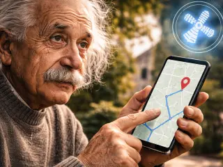 Albert Einstein sosteniendo un móvil con GPS