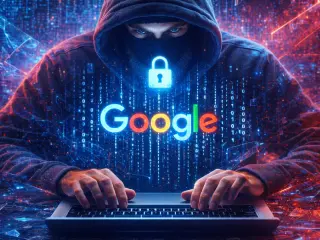 Una persona encapuchada y enmascarada teclea en un portátil con el logo de Google